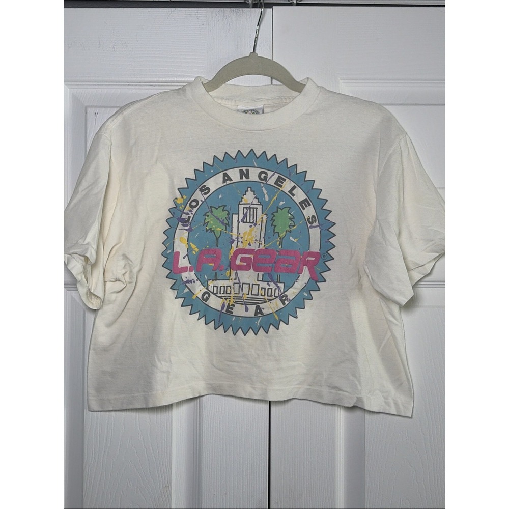 LA Gear Vintage 80s Graphic Crop Top Womens Size OS White Retro Cotton USA